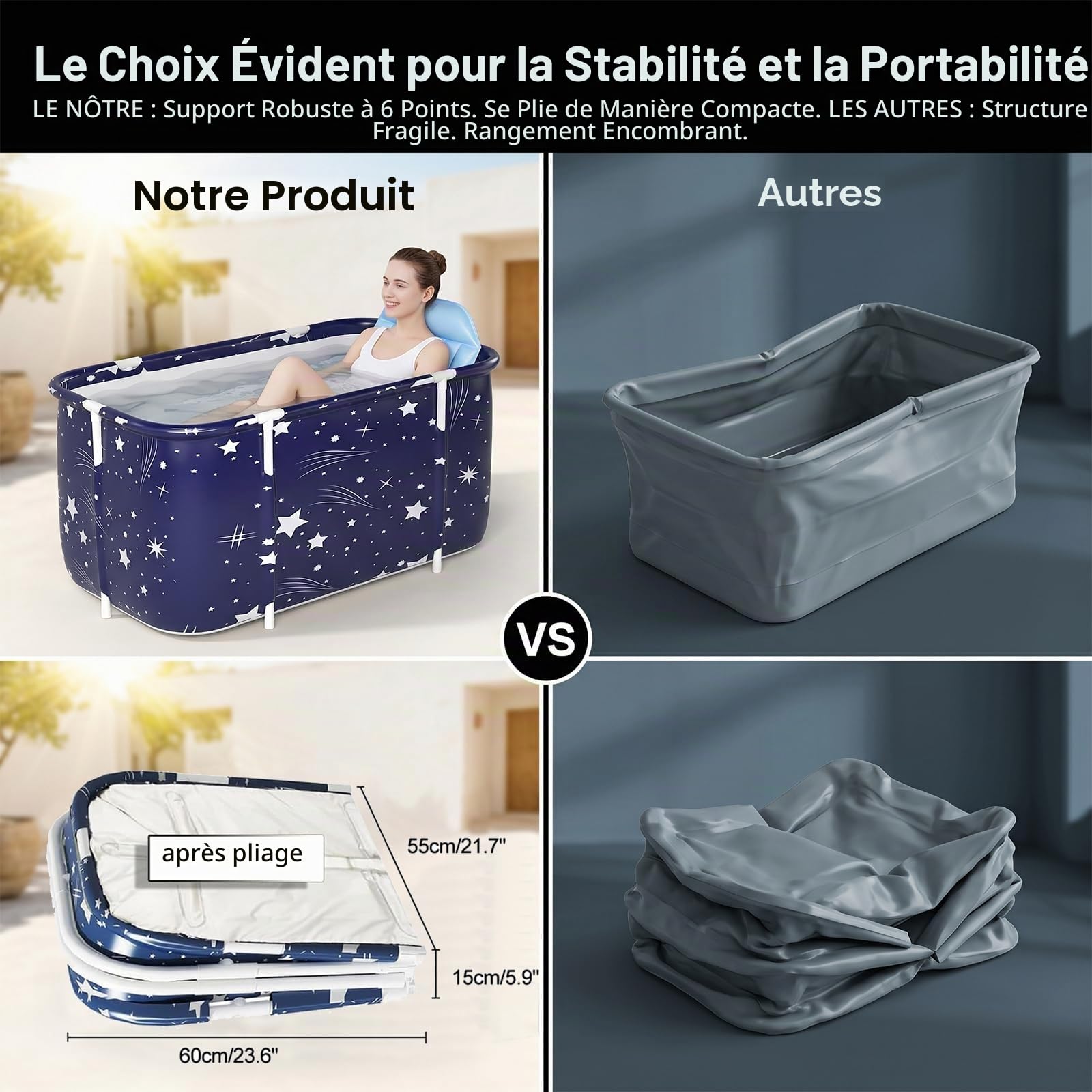 Baignoire Pliable Adulte, 120x55x50cm Portable Grande Baignoire de Trempage pour Bain Chaud, Bain Glacé, Spa, Seau de Bain Épais, pour Deux Personnes avec Dossier, Coussin et Pompe