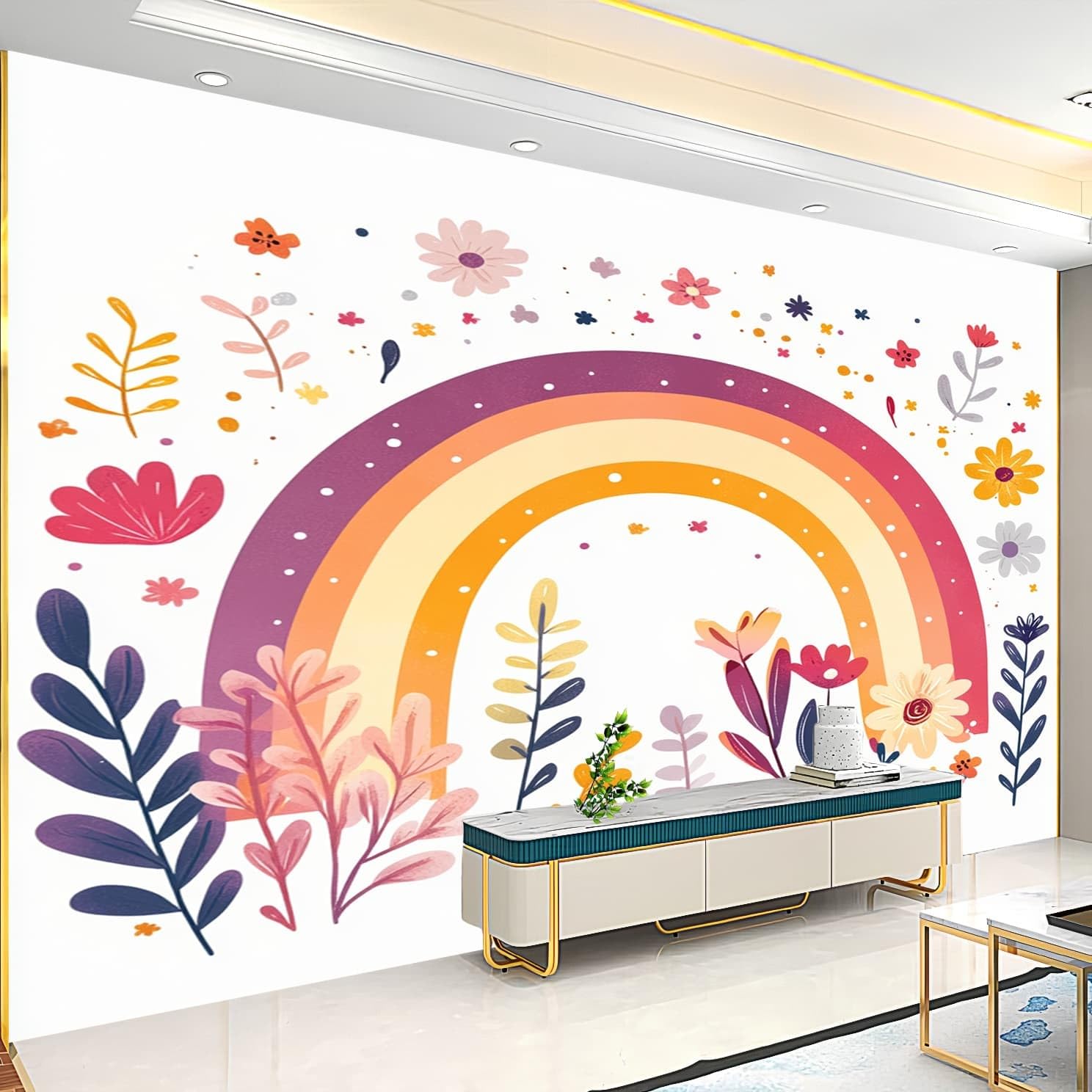 Générique Tapeta ścienna 300x210cm urocza kreskówka tęcza kwiaty włóknina tapeta odporna na blaknięcie biały nowoczesny salon sypialnia panoramiczna dekoracja fresk ścienny