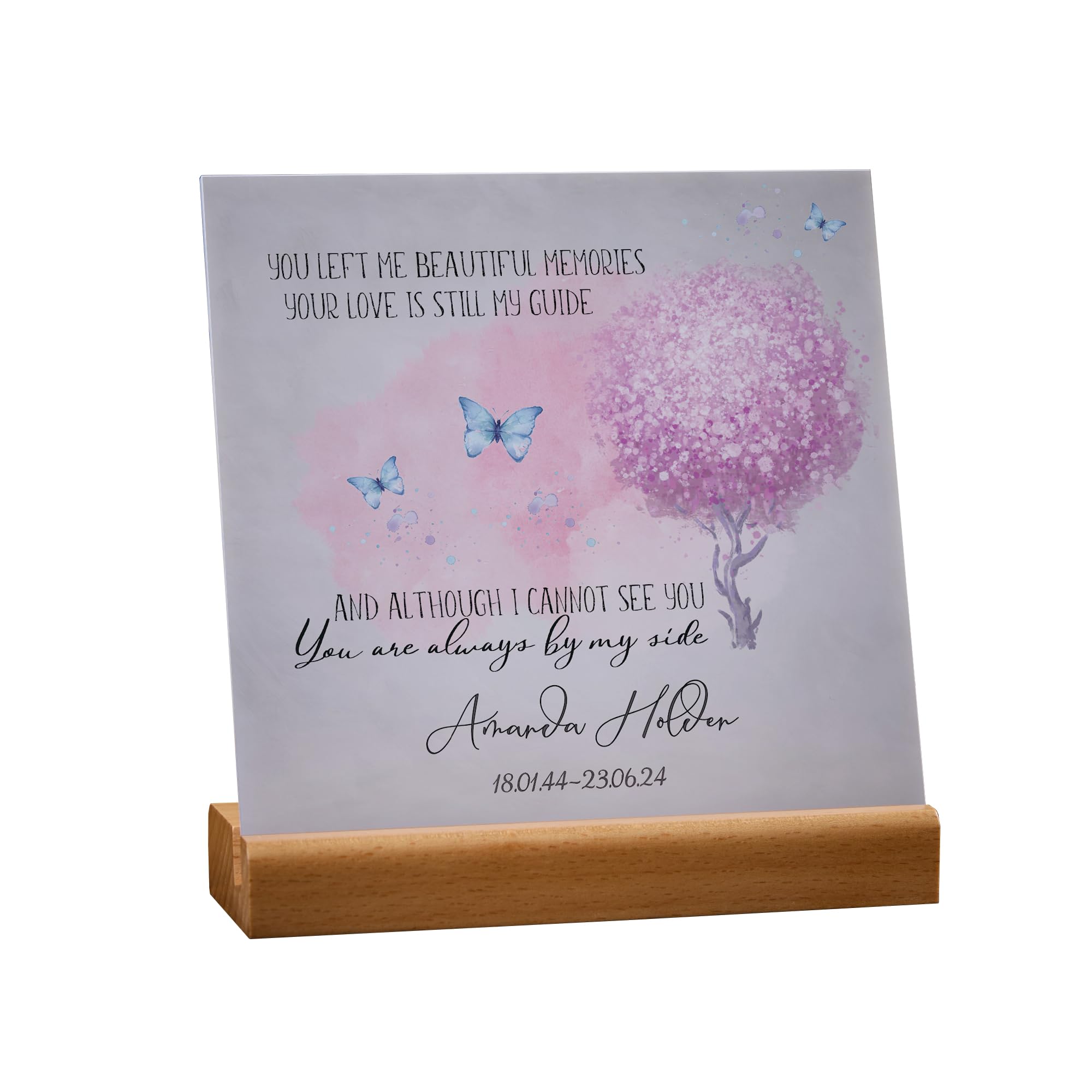 ukgiftstoreonline Personalised Sympathy Memorial Plaque, 15cm x 15cm, with Wooden Base (Beautiful Memories)