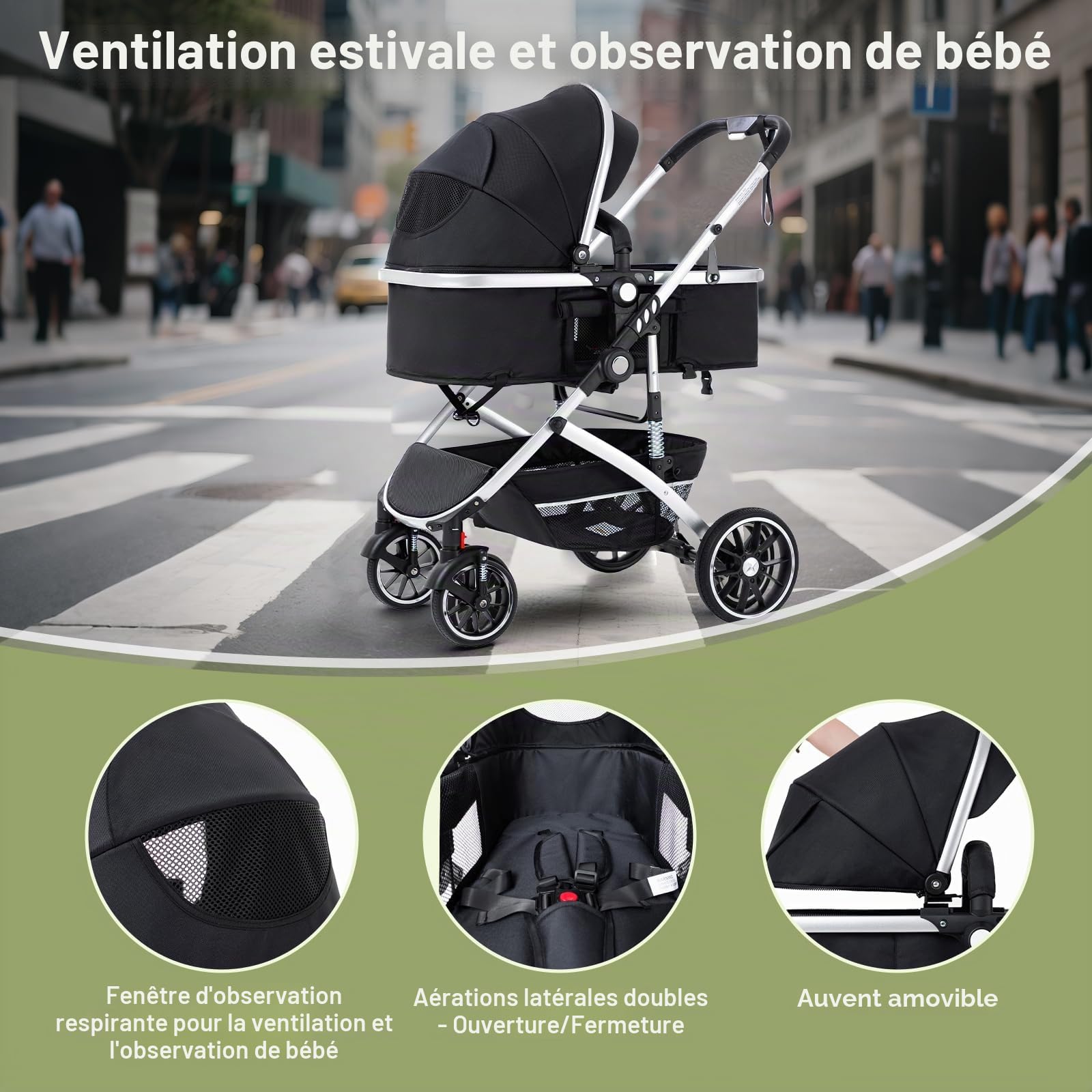 Poussette 3 en 1 Citadine Pliant en Un Clic Cadre en Aluminium 0-4 Ans