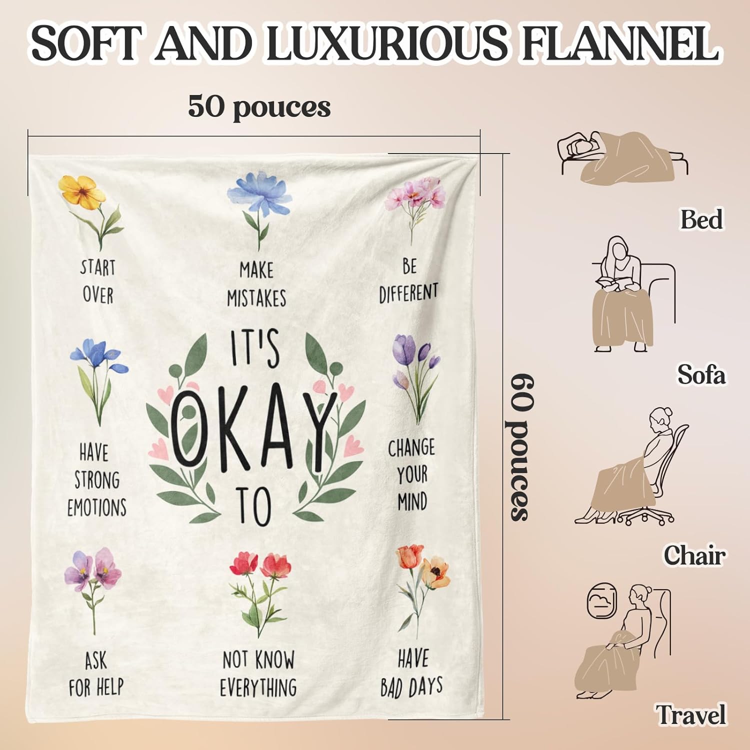 Inspirational Birthday Gifts for Women, Encouragement Gifts for women, Stress Relief, Mental Health, Christian Motivational Gift for Her Female, Positive Affirmation Blanket with Flowers 50'' x 60'' - Image 5