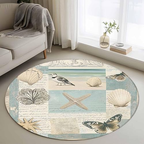 Round Rug 3Ft, Tropical Beach Shell Coral Butterfly Soft Non-Slip