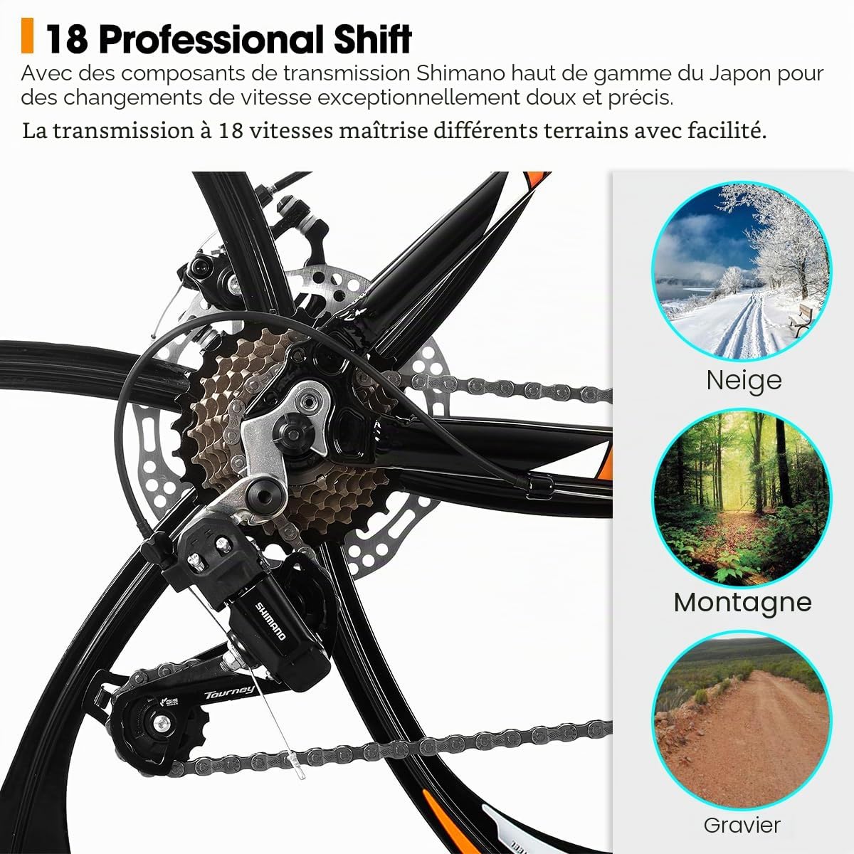 HILAND VTT 26 Pouces pour Adultes, 3/6 Roues à Rayons, 18 Vitesses, pour Homme et Femme, avec Double Frein à Disque, Cadre en Aluminium de 26 Pouces, Noir/Bleu/Orange/Blanc
