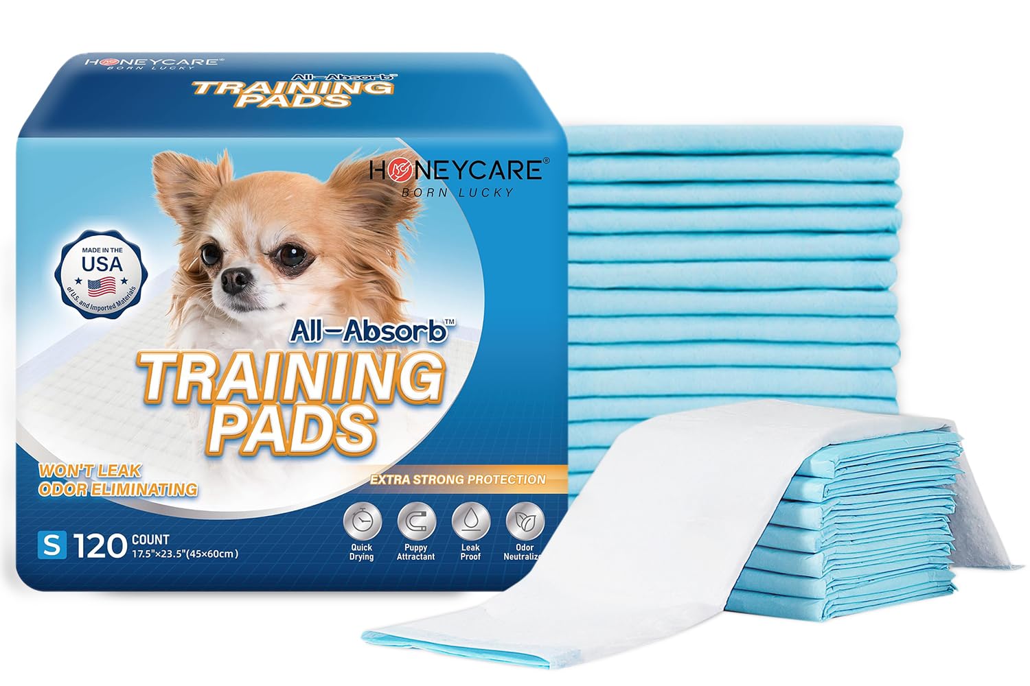 Honey Care All-Absorb, Small 17.5" x 23.5", 120 Count, Dog and Puppy Training Pads, Ultra Absorbent and Odor Eliminating, Leak-Proof 5-Layer Potty Training Pads with Quick-Dry...