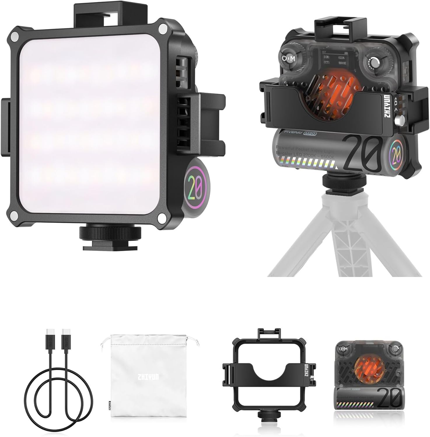 Zhiyun FIVERAY M20 On-Camera Video Lights, Bi-Color 2700k~6500k LED Video Lights, 20W (M20)