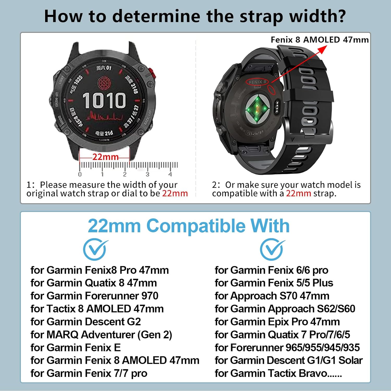 ZPJPPLX 22mm Quickfit Band Compatible with Garmin Fenix 8/7/6 epix Pro,Silicone Wrist Strap for Fenix E/5 Plus/5/tactix quatix 8 7 pro/Forerunner 970/965/955/Descent G2 G1/Approach S70/S62/S60 47mm - Image 2