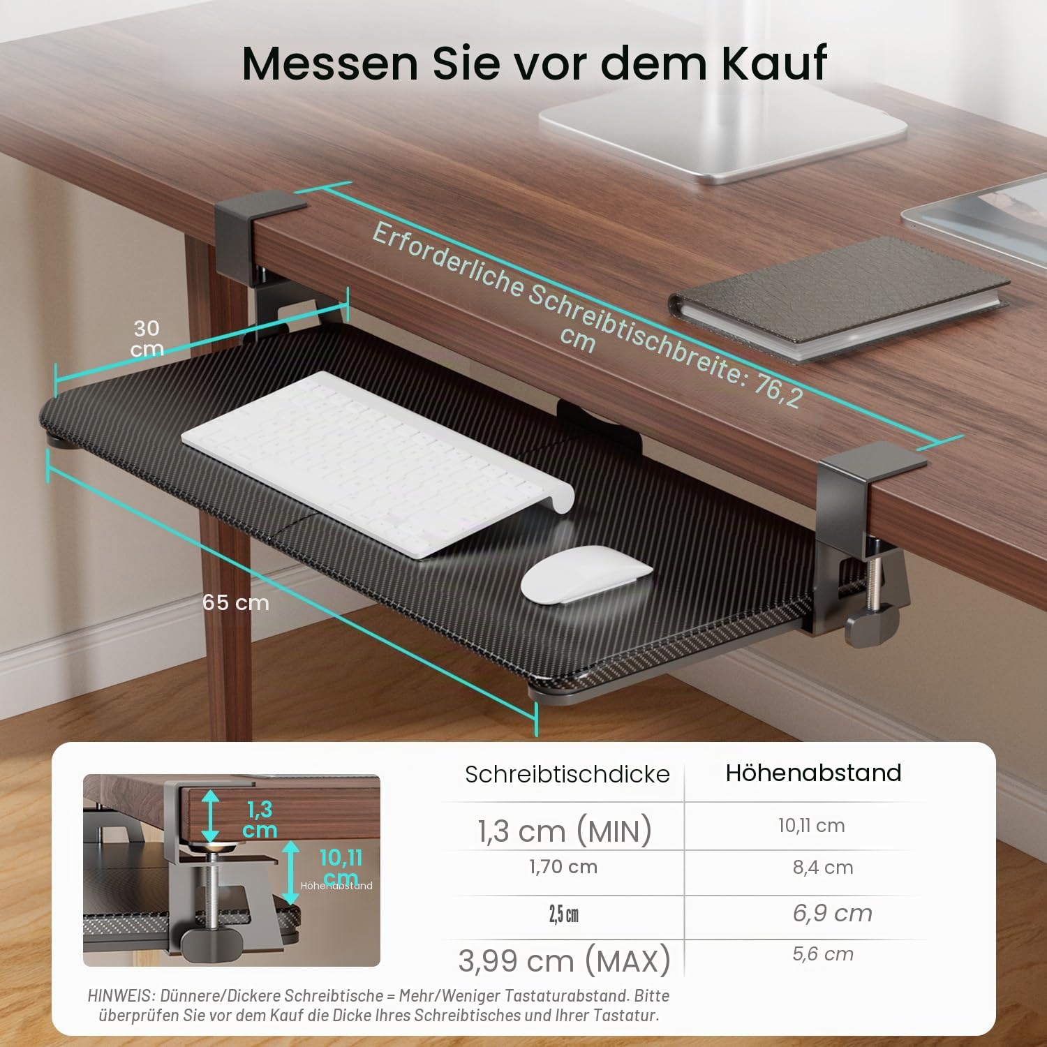 NearHub Tastaturauszug Tastatur Halterung Auszug Tastaturabage Ausziehbar Untertisch-Tastaturständer mit C Klemme,Ergonomisches Design, Karbonoptik Passt,Größe: 65cm((76 cm Klemmen) x 30cm,Schwarz