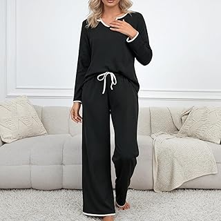 Women Pajama Set Long Sleeve V Neck Two Piece Loungewear With Drawstring Pants Relaxed Fit Soft Sleepwear For Home or Travel