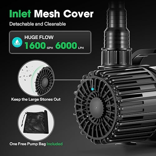 Miniatura 2 de VIVOSUN Bomba de agua sumergible de 1600 GPH con bolsa de barrera, bomba de estanque de 100 W, bomba de acuario ultra silenciosa con 14 pies. Altura