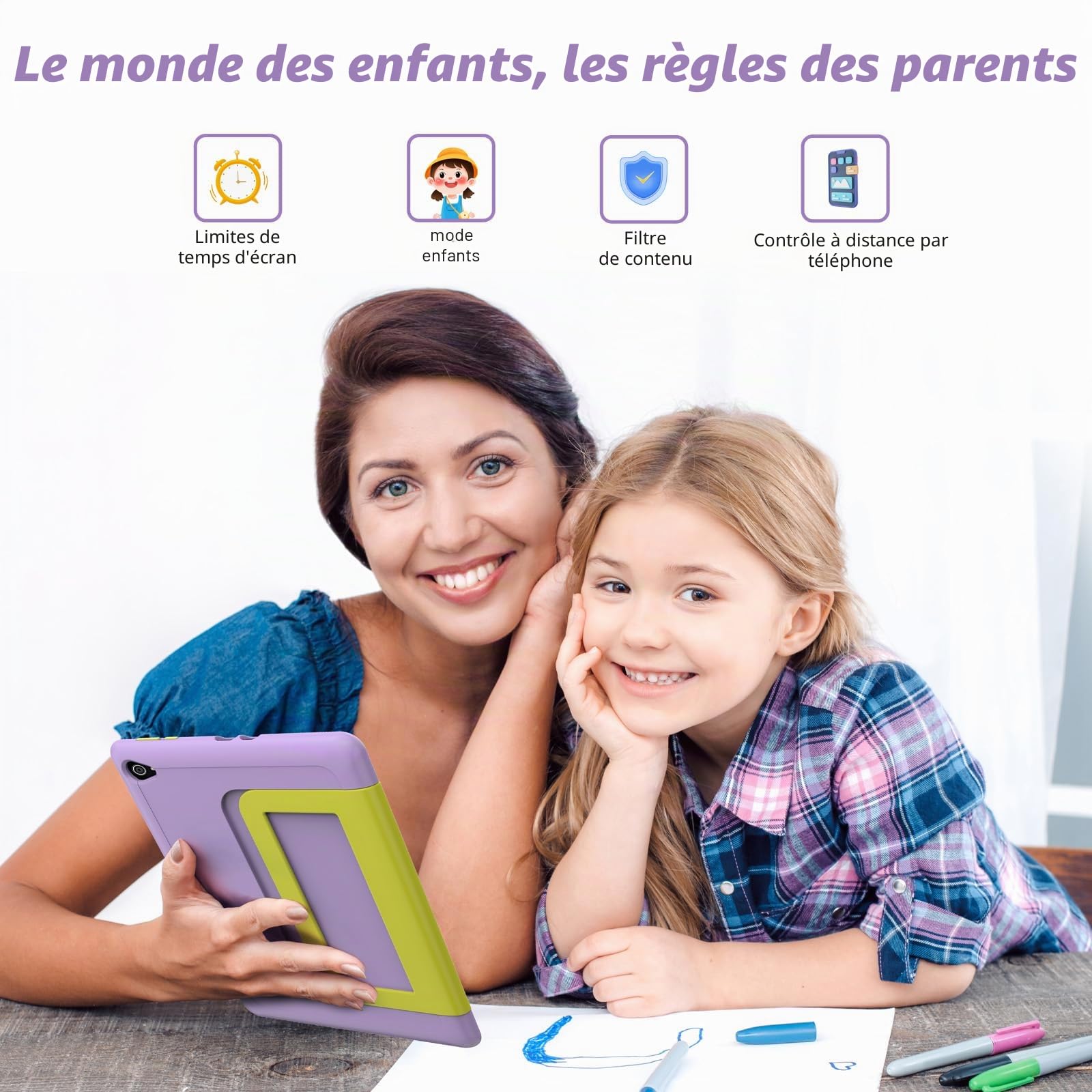 Yicty Tablette pour Enfants ｜ Tablette Android 14 améliorée 10 Pouces avec étui ｜ Octa Core ｜ Carte 1tf 8 + 64go Extensible ｜ Double caméra ｜ contrôle Parental ｜ kidoz ｜ Baby - Sitting