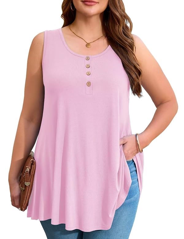 JollieLovin Womens Sleeveless Tunic Plus Size Tank Top with Flare Hem Comfy Loose Shirt Blouse(2X,Pink) by JollieLovin - Used condition - Image 4