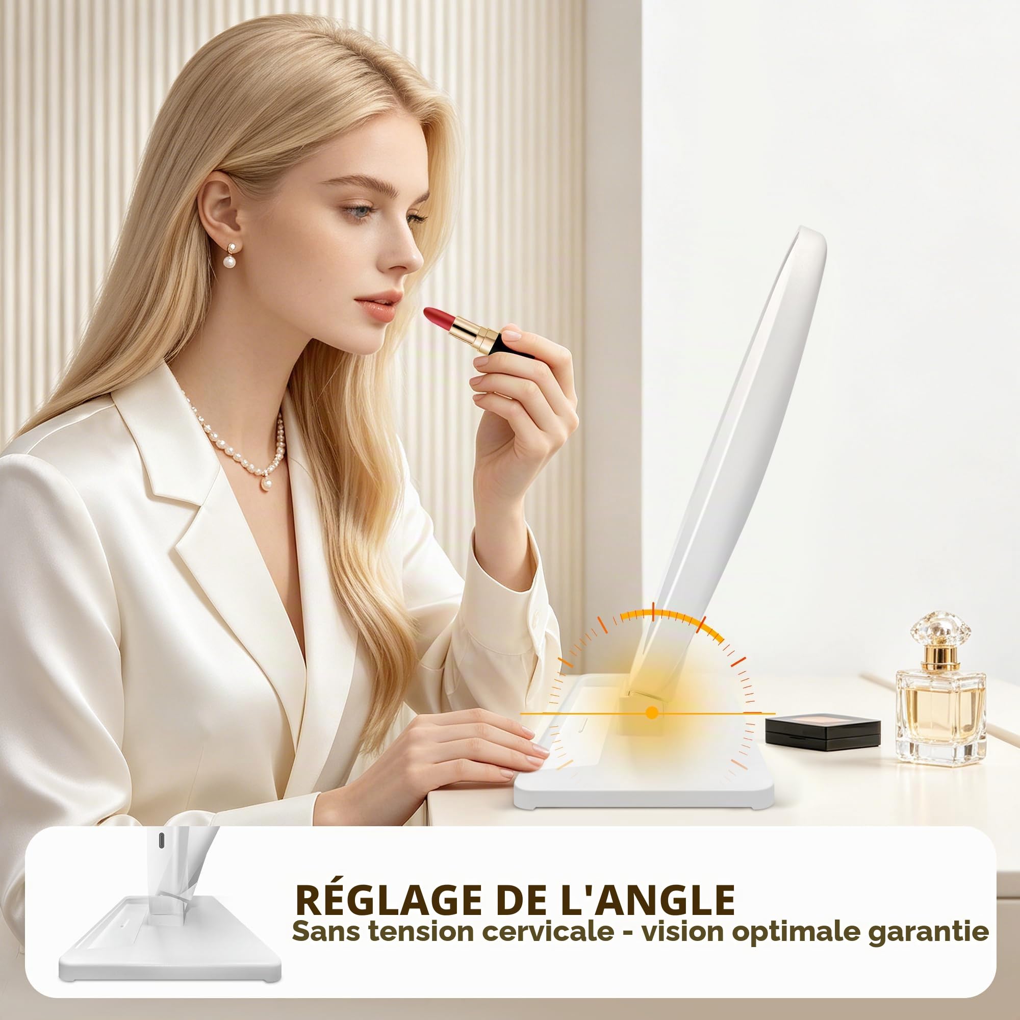MOMOKUBA Miroir de Maquillage avec éclairage, Miroir grossissant avec Ventouse 30 Fois, 3 Couleurs de lumière et Angle réglable, Miroir de Table pour la Chambre à Coucher, 31,5 x 29 cm