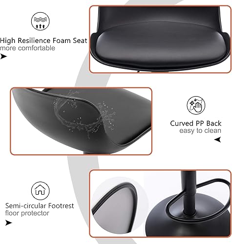 Miniatura 6 de NOBPEINT Taburete de bar giratorio ajustable tapizado contemporáneo con elevación de aire (negro, juego de 4) Negro