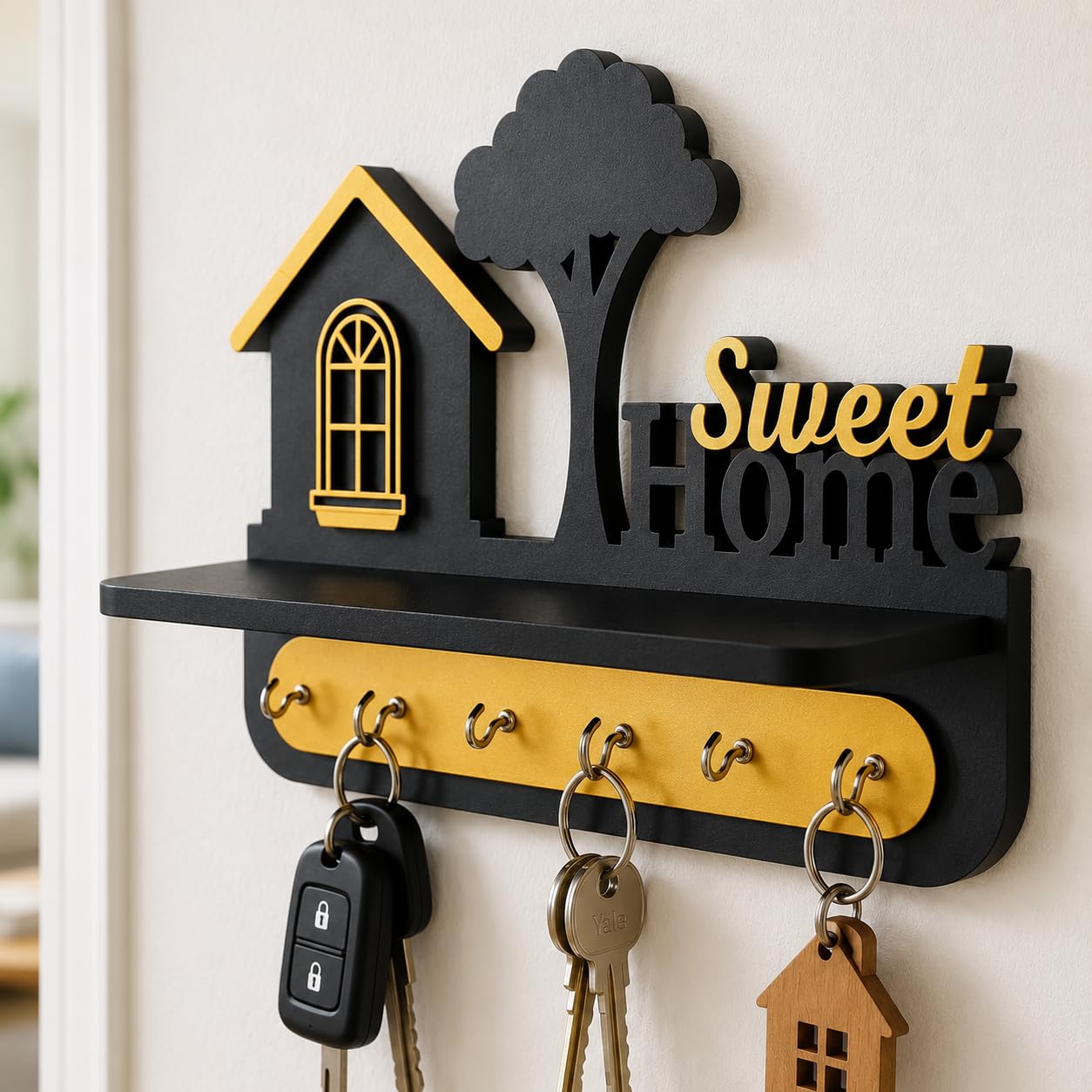 D Unique Home Decor Unique Stylish Wooden Key Holder for Wall Decor with Stylish Stainless Steel 6 Hooks Beautiful Key Organizer for Home Decoration.-image-13