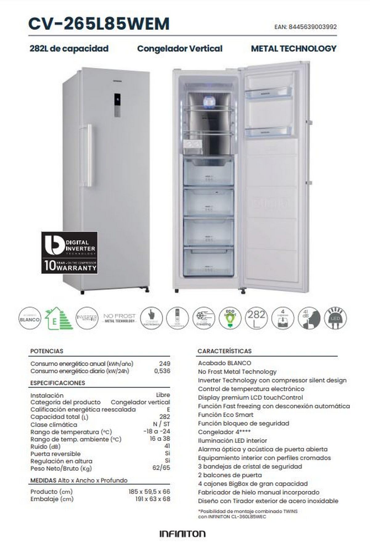 INFINITON Congelador Vertical CV-265L85, 282 Litros, 185 cm, No Frost, E, No Frost Technology, Fast freezing,Alarma óptica y acústica de puerta abierta, Fabricador de hielo (Blanco || CV-265L85WEM)