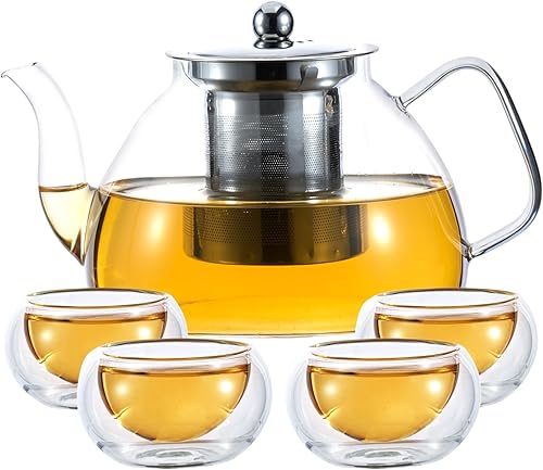 Miniatura 7 de 1530 ml/52 oz Tetera grande de vidrio con infusor extraíble, tetera transparente segura para estufa para té de hojas sueltas y té floreciente,