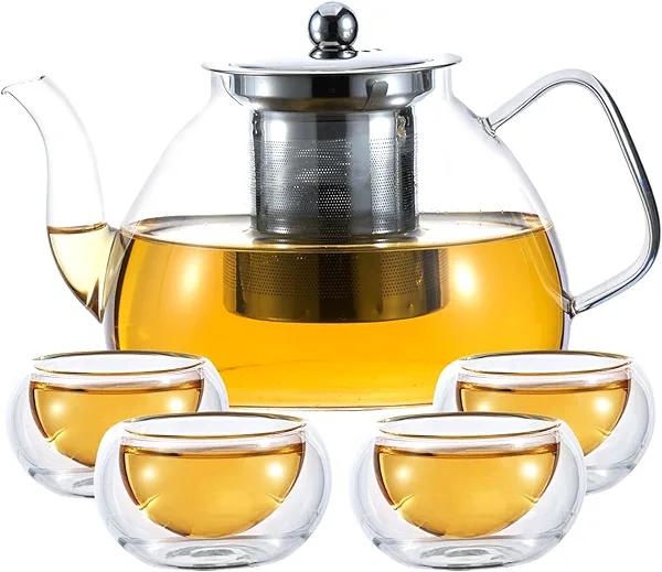 1200ml/40 oz Glass Teapot with 4 Double Wall Teacups and Removable Stainless Steel Infuser, Tea Sets for Adults, Clear Tea Kettle Stovetop Safe for Loose Leaf and Blooming Tea, Tea Maker Gift