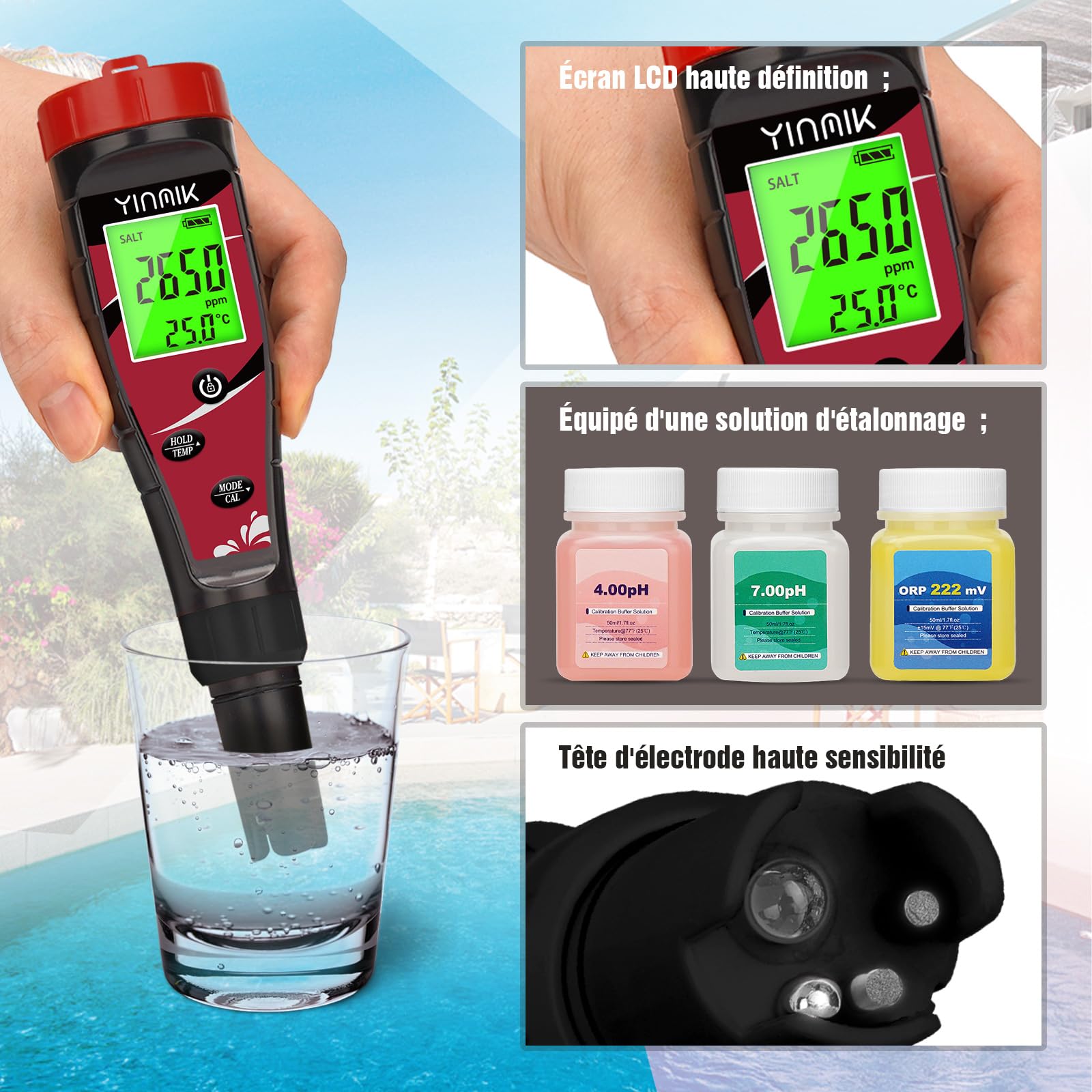 Testeur électronique Piscine 7 En 1 - Mesure PH, Chlore, Sel, TDS, EC, Redox, Température - Pour Piscine Sel, Spa, Aquarium