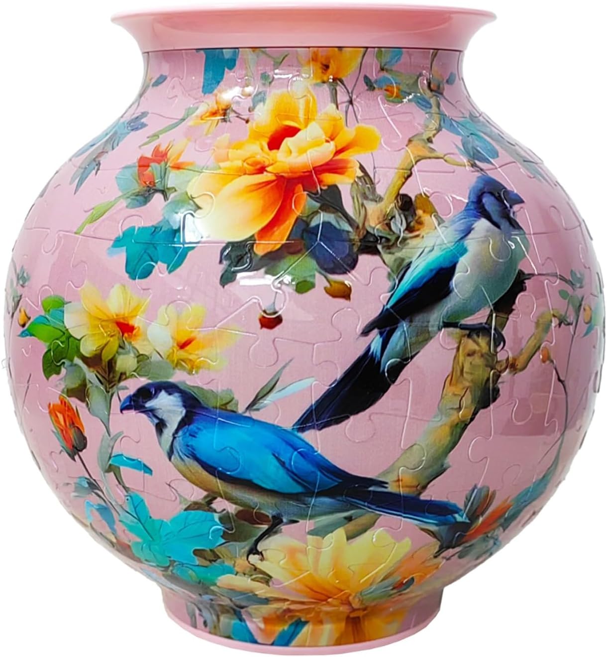 3D Puzzles for Adults Round Vase,Creative Puzzle Vase Pink Floral Birds DIY Decorative Vase Gifts for Home Decor Mother's Day Birthday