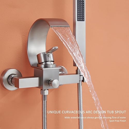Miniatura 5 de MONDAWE Grifos de baño, grifo de bañera montado en la pared con rociador de mano, boquilla de llenado de cascada en níquel cepillado
