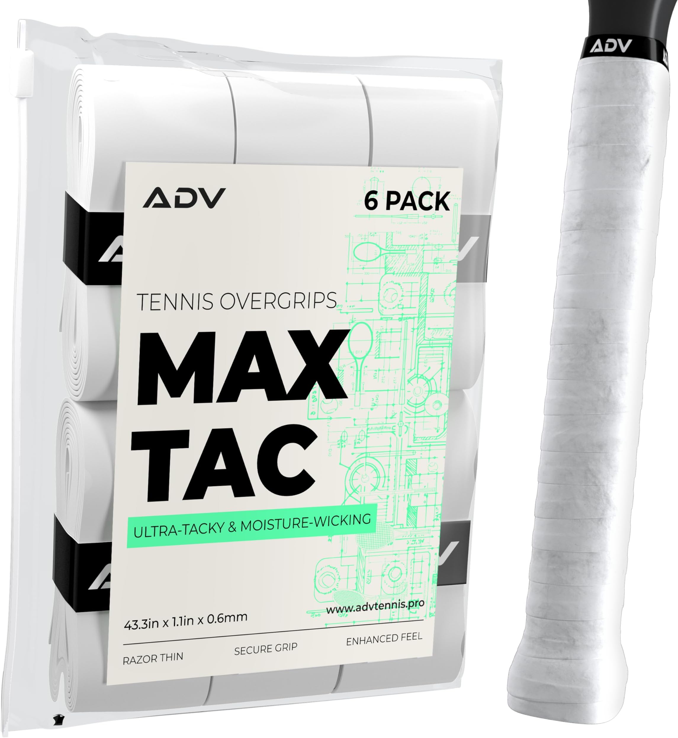 ADV Tennis racquet tape - 6 pack, extremely sticky white tennis racket wrap - non-slip tennis overgrip - professional tennis grips overgrip