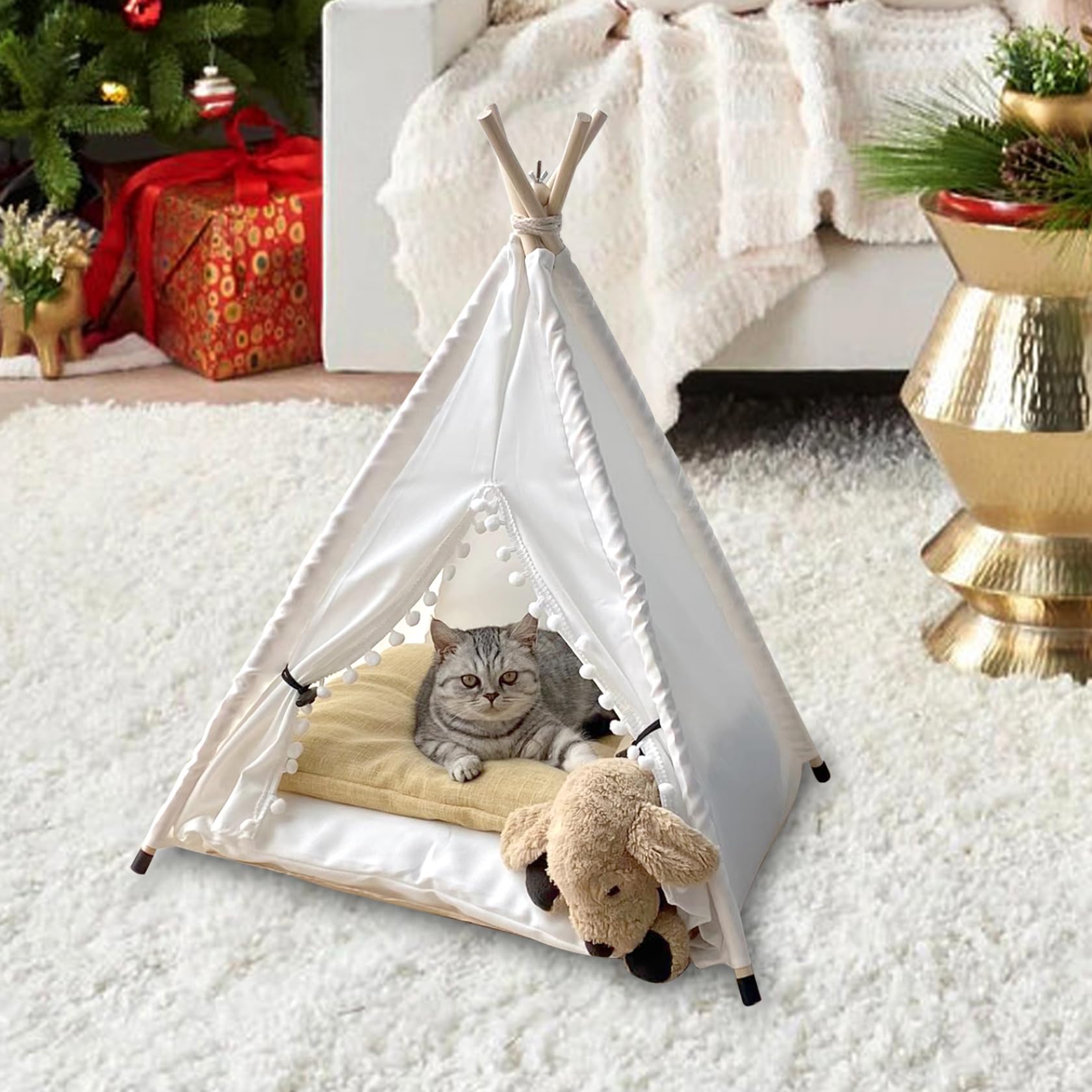 Haustierzelt halbgeschlossen geräumig Hundezelt gepolstert rutschfest für Katzen mit sicherem Mini-Katzen-Tipi zum Entspannen Schlafen Heimtierbedarf S
