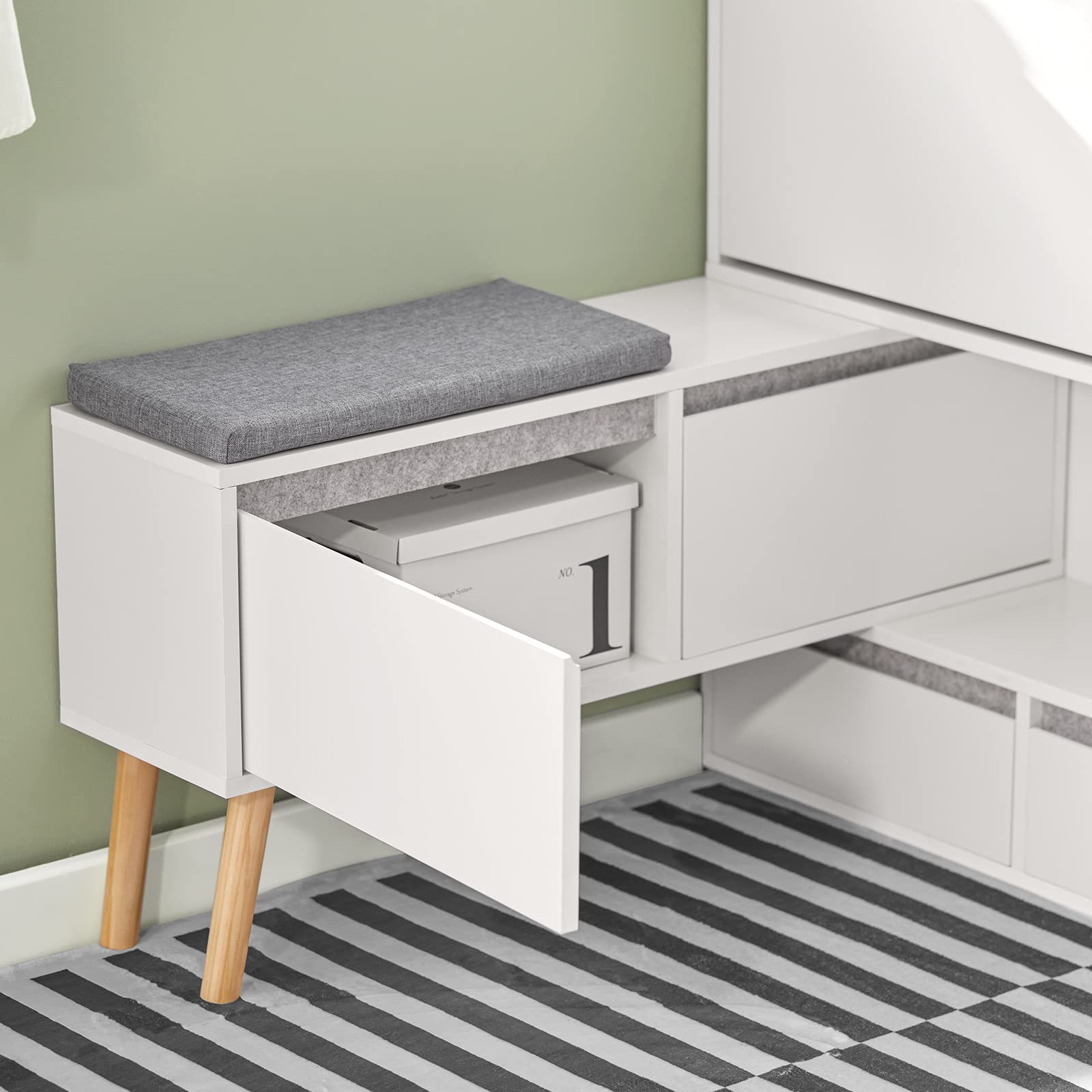 SoBuy Scarpiera con 1 panca portaoggetti rimovibile su piedini, armadio d'ingresso con 2 ante 2 cassetti e cuscino per seduta - (124-92) x 24 x 126 cm, FSR134-W