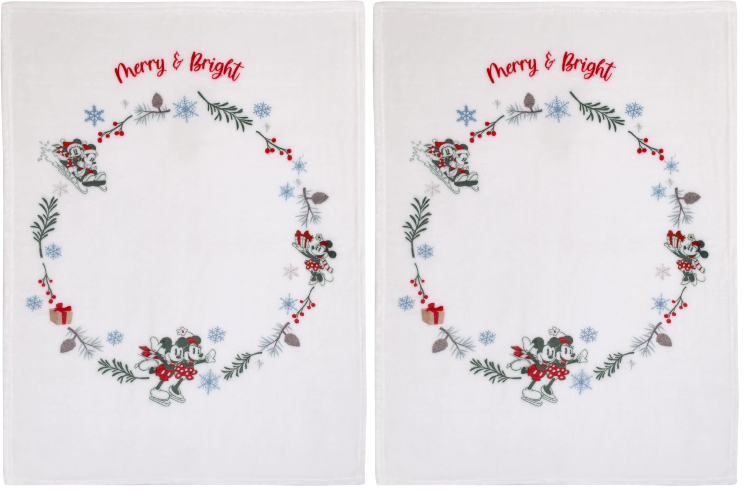 Disney Mickey and Minnie Mouse White, Red, and Green Christmas Holiday Wreath Merry and Bright Photo Op Super Soft Baby Blanket (Pack of 2)