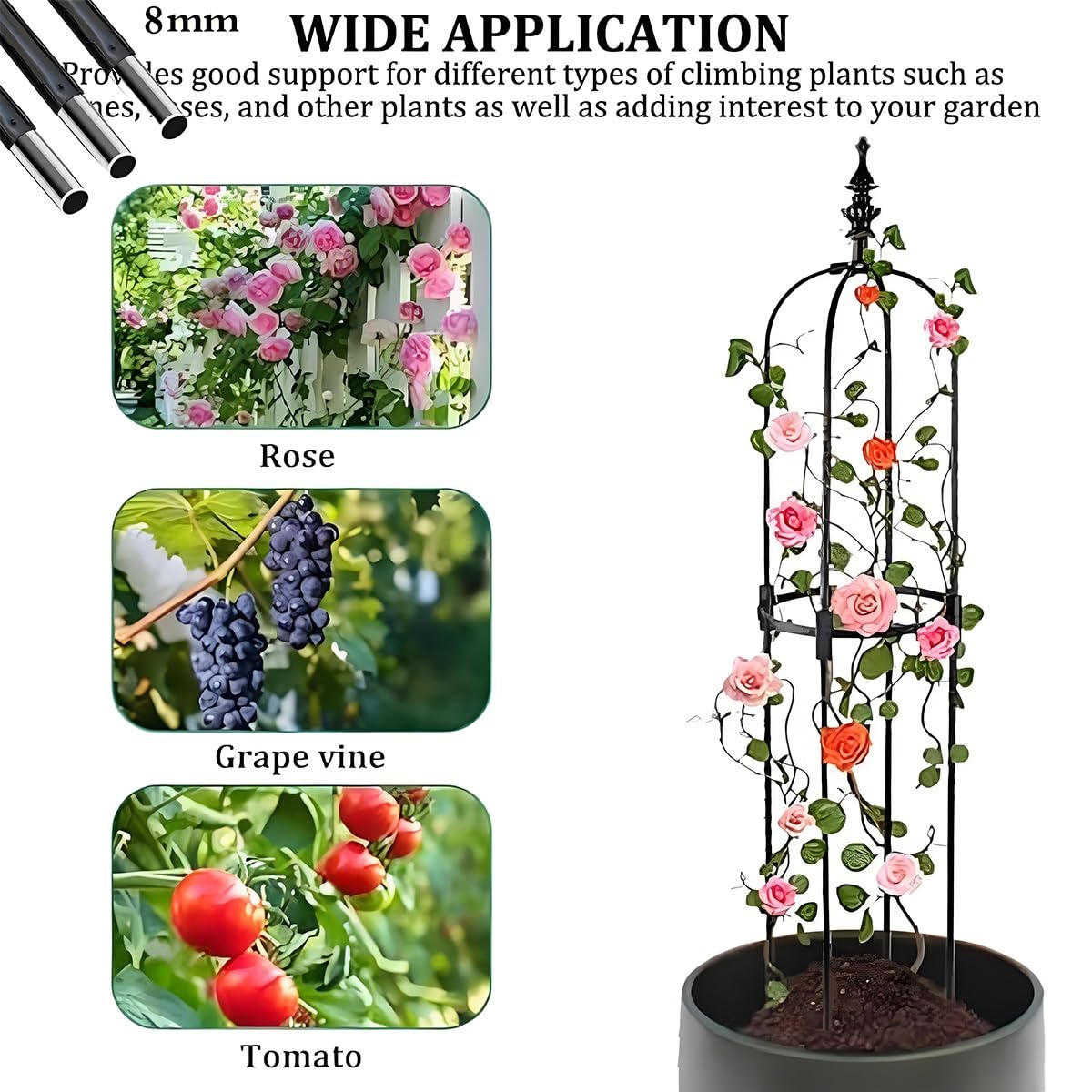 Enrejado de obelisco de jardín para plantas trepadoras, resistente a la intemperie, soporte metálico para plantas con revestimiento de plástico, 60 x 180 cm, apto para rosas, tomates, pepinos (negro)
