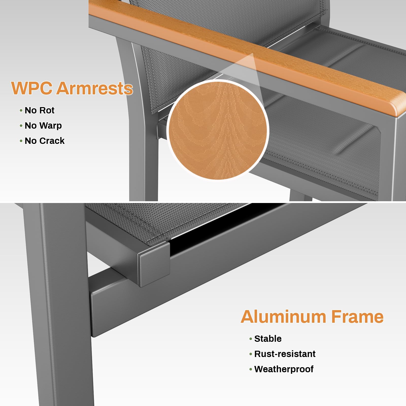 LIFERUN Juego de 2 sillas de jardín de aluminio, con respaldo acolchado y asiento, silla de comedor apilable, pasamanos de WPC, sillas de balcón, para terraza, balcón, terraza, piscina, restaurantes