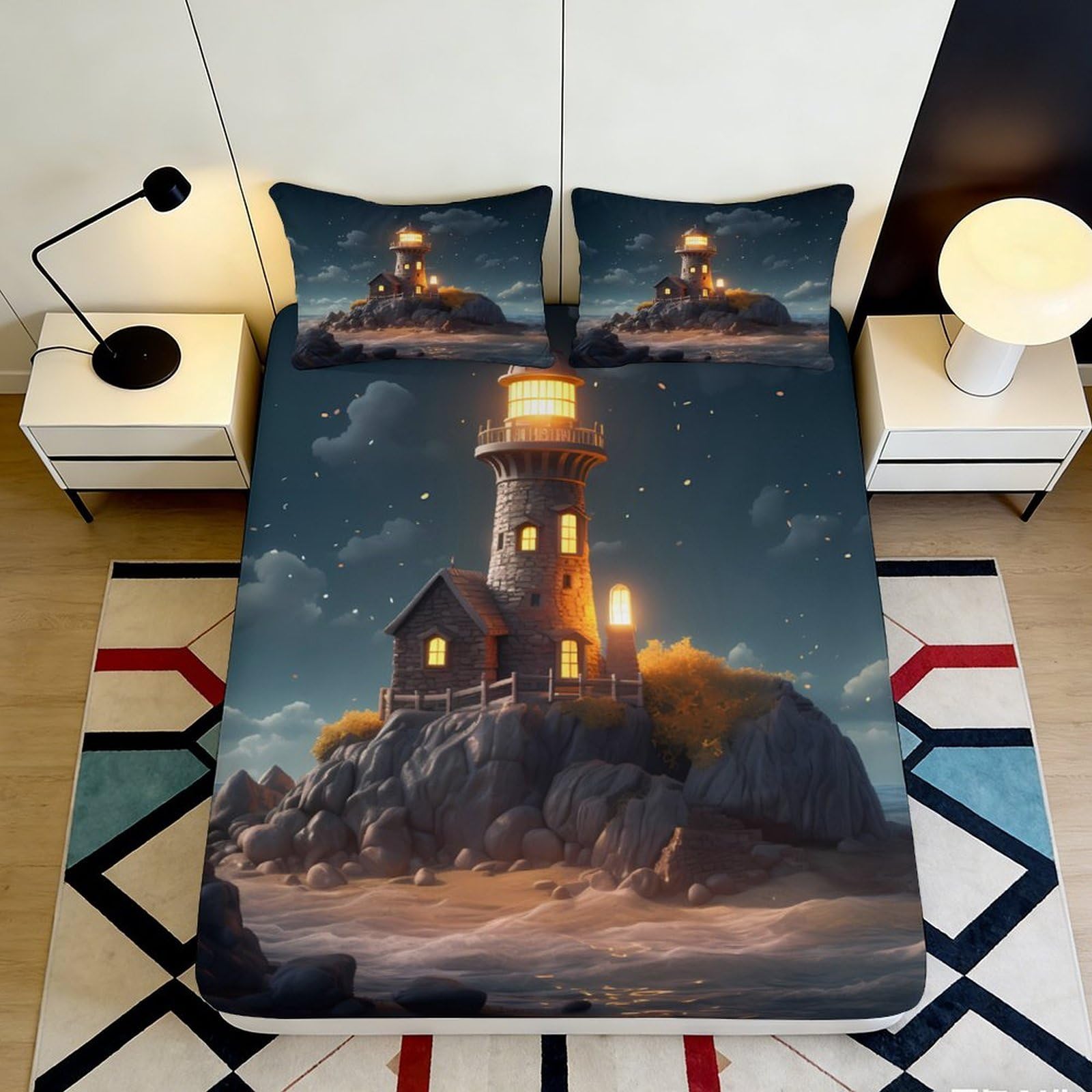 3D Printed Lighthouse Fitted Sheet Microfiber Deep Pocket Non-Slip Lighthouse Mattress Fitted Cover for Bedroom Adults 140x200x25cm