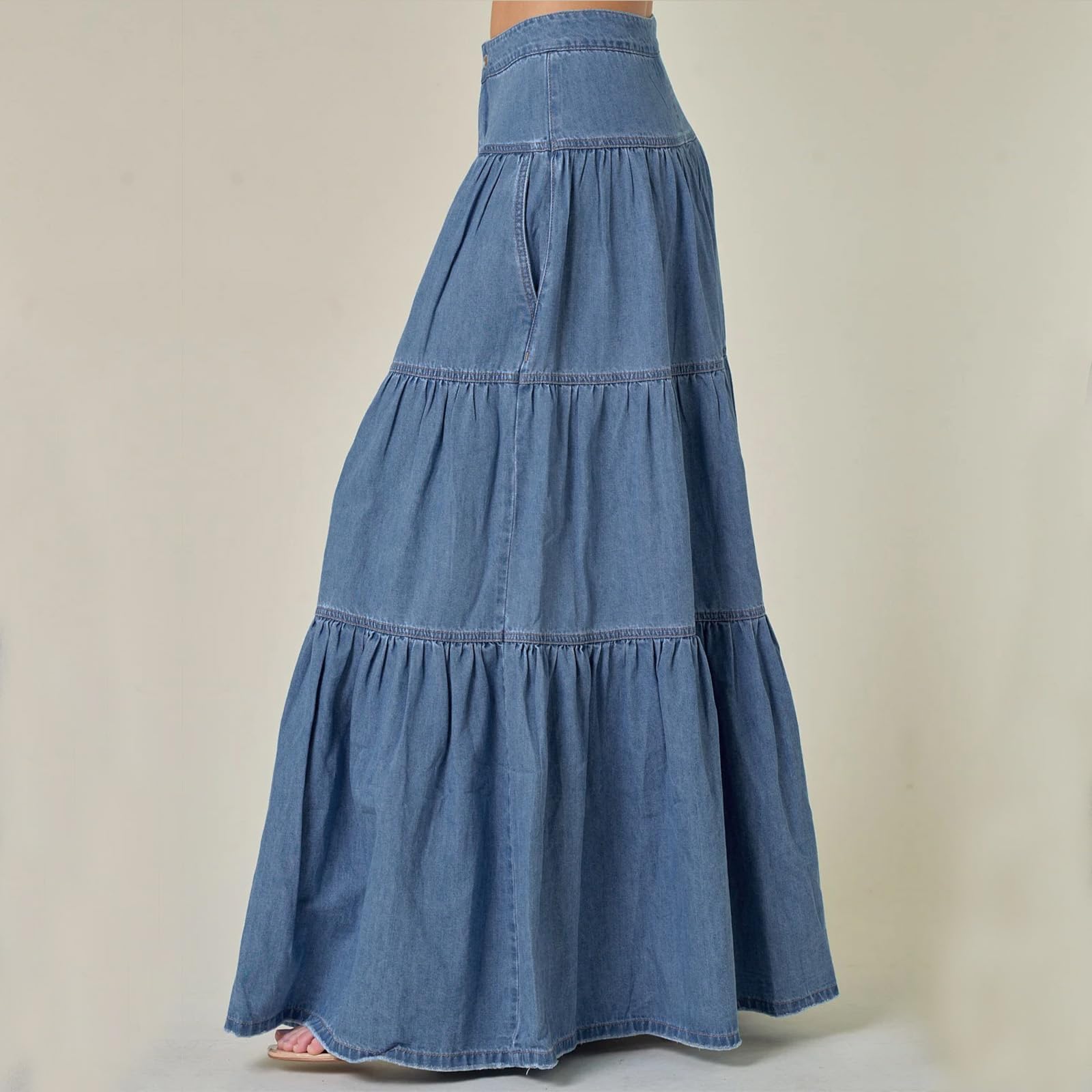 Jeansrock Damen Lang Maxirock High Waist Denim Rock A-Linie mit Taschen Elegant Stufenrock Knopfleiste Boho Lange Röcke für Frauen Sommer Freizeitrock Vintage Style Stretch Baumwolle