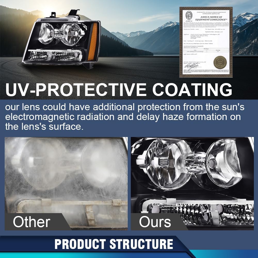 PIT66 Headlight Assembly Compatible with 2007-2014 Chevy Tahoe Suburban/2007-2013 Avalanche Left Driver Side Halogen Headlamps
