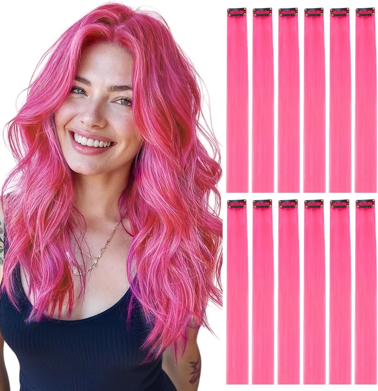 6 Pcs Hot Pink Clip-in Hair Extensions – 22 Inch Long Straight Synthetic Colored Hair Pieces | Rainbow Hair Extensions for Party Highlights, Cosplay & Dress Up-image-4