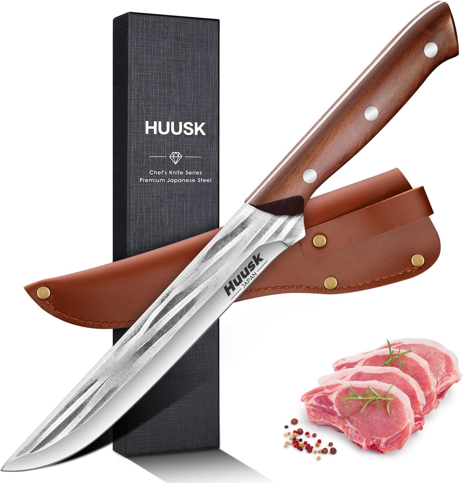 Huusk Knives from Japan,7 Inch Fillet Knife for Meat Cutting, Japanese Professional High Carbon Steel Hand Forged Boning Knife with Sheath for Kitchen Cooking and Camping BBQ Father's Day Gift