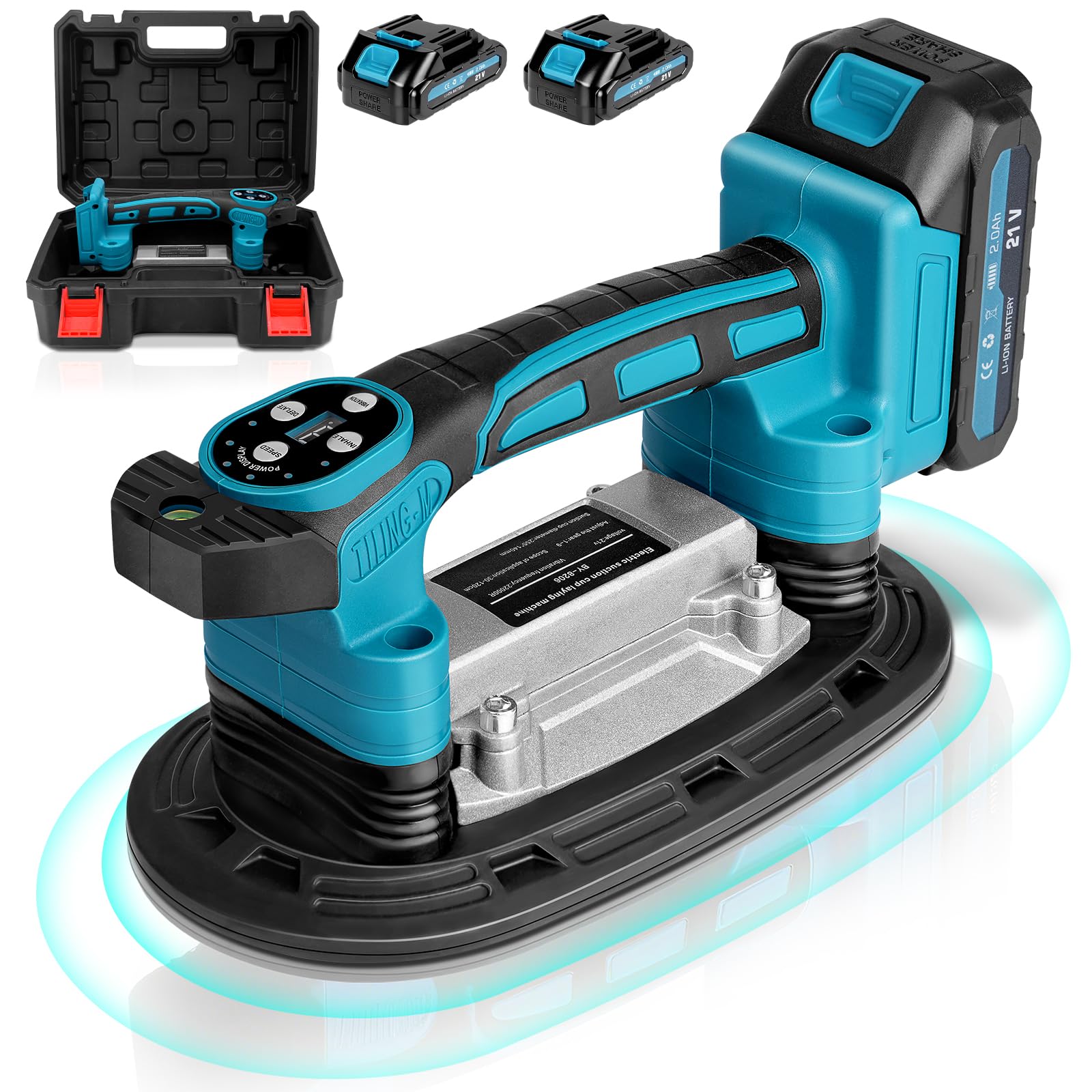 2 IN 1 Akku Fliesenrüttler & Saugnäpfen mit 2x2000mAh Akkus, Fliesenvibrator mit 22.5x12 Saugnapf | 250KG Adsorption | 9 Gang Einstellbaren 25000u/min Fliesenmaschine für 0.3-1.8m Fliesen Wandfliesen