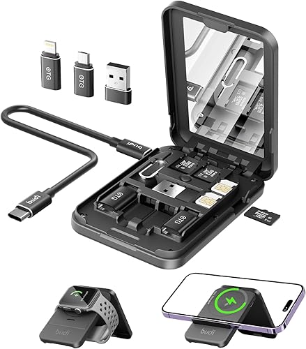 BUDI Cargador de reloj y teléfono 5 en 1 de viaje, funda multifuncional compacta de cable de datos con cable USB-C de carga inalámbrica de 15 W y