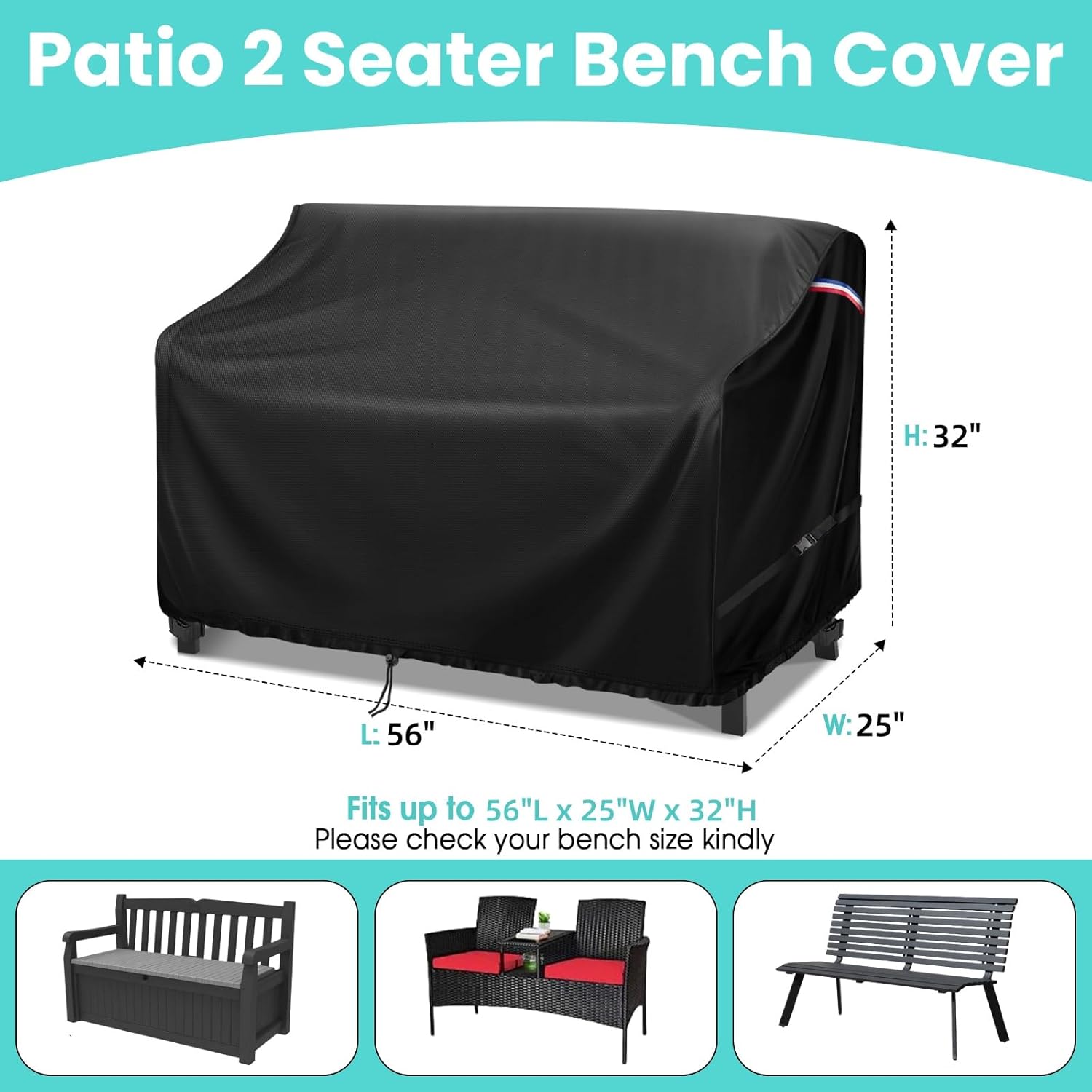 56" Outdoor Bench Cover for Keter Solana 70 Gallon Storage Bench Deck Box, Outdoor Patio Benches Cover for 2-Person Seater Sofa 500D Furniture Covers - 56" L x 25" W x 32" H