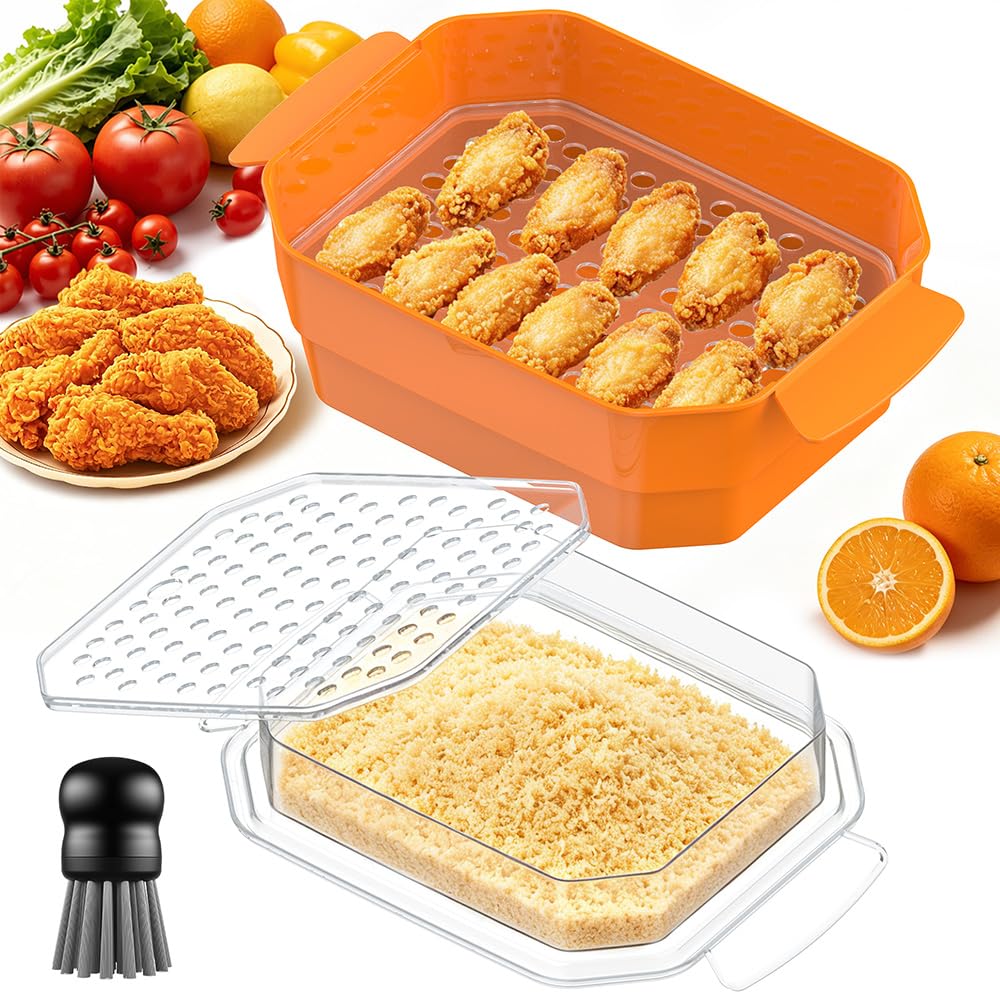 SURETIVIAN Better Bol à pâte extra large avec deux tamis et plateau à poudre, shaker visible sans désordre pour poisson frit, poulet, viande, légumes, idéal pour les fêtes de famille (orange)