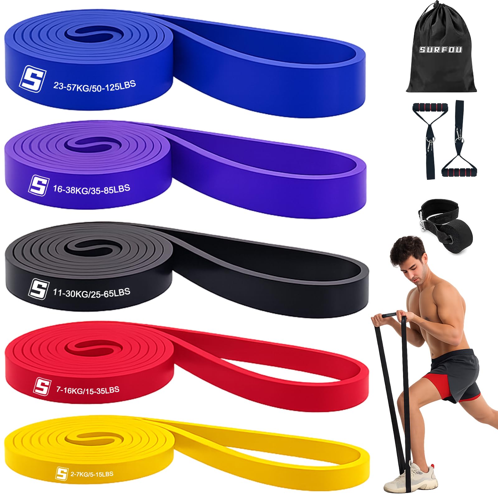 SURFOU トレーニングチューブ 懸垂 チューブ ダイエット器具 筋トレ グッズ 5本セット トレーニングバンド TPE環境に優しい素材 ハンドル/ドアアンカー/収納バッグ/説明書付き 男女兼用 自宅用 ジム用