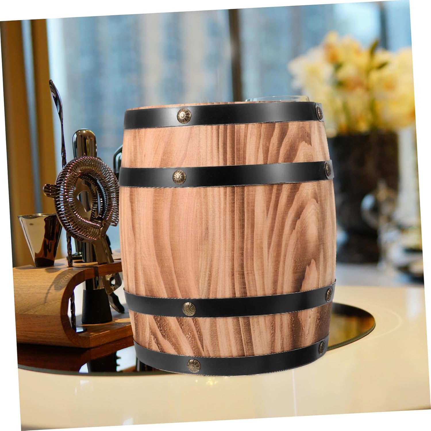 Wood Barrel Decoration for Home and Bar Wine Bucket Prop Rustic Centerpiece for Parties Events and Commercial Spaces