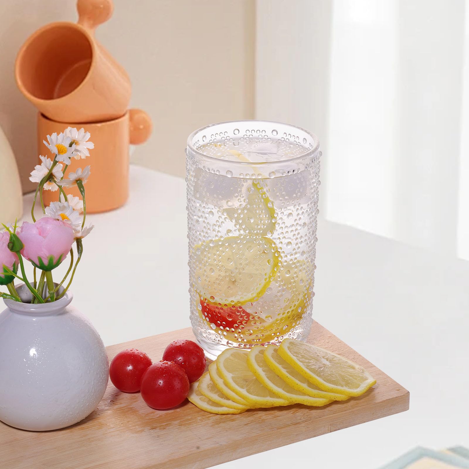 Juego de 6 vasos para beber Hobnail, transparentes de 14 onzas, vasos de vidrio vintage, con textura antigua para cerveza, agua, jugo, cóctel, café helado, regalo
