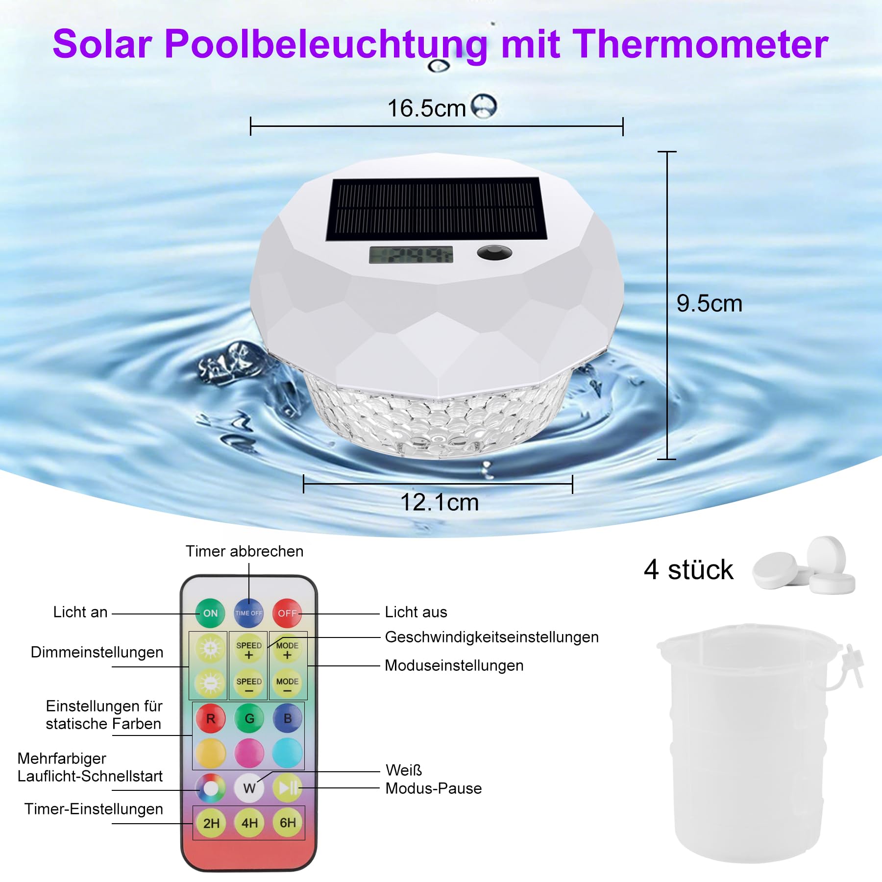 Solar Pool Thermometer Digital – Schwimmendes Thermometer mit LED-Bildschirm & Timerfunktion, 8 dynamische Lichteffekte, IP68 wasserdicht, solarbetrieben, für Pool & Teich
