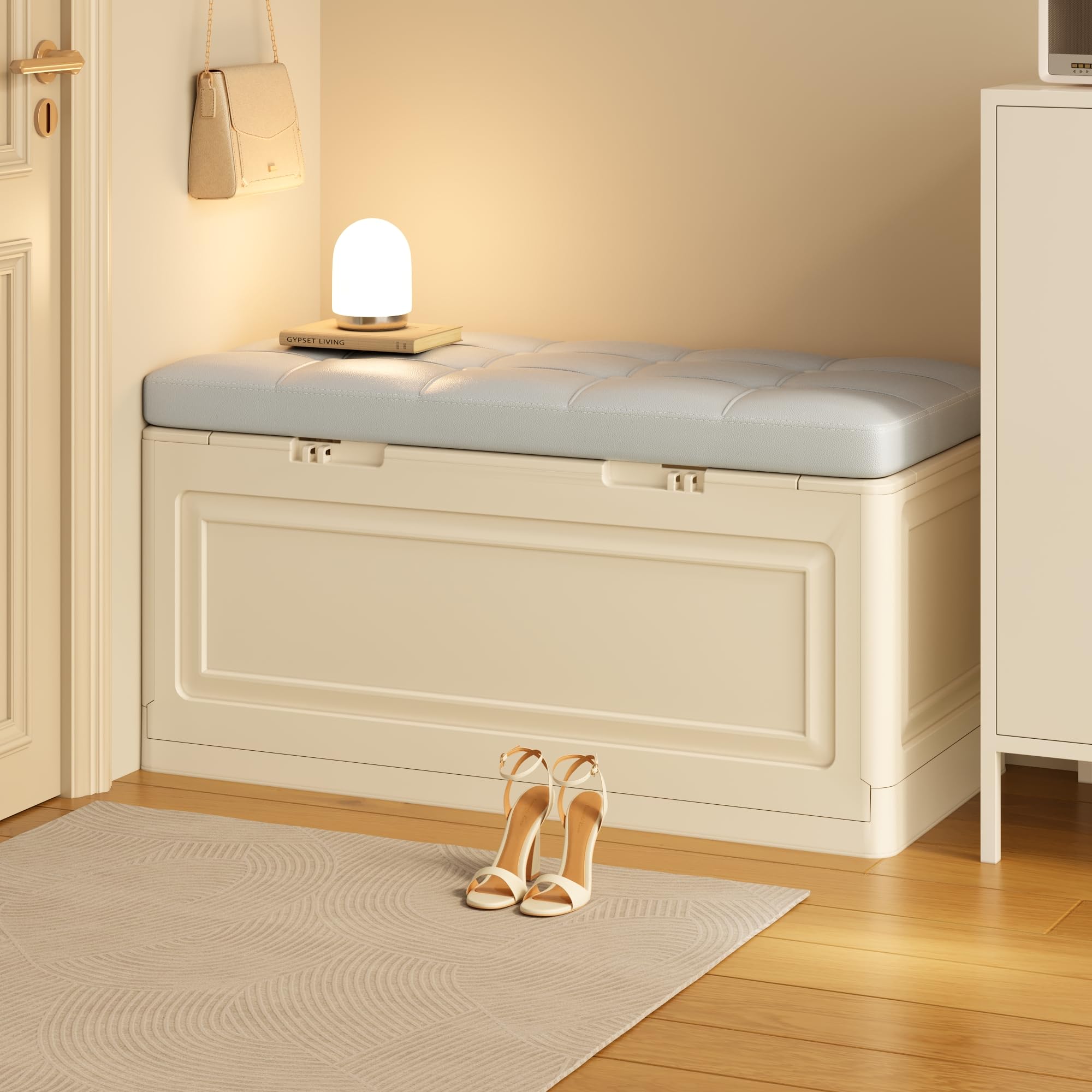 Sitzbank mit Stauraum – Aufbewahrungsbox, Sitzbank klappbar, pflegeleicht, Faltbare Aufbewahrungsbox mit Deckel, bis 200 kg belastbar, für Flur, Wohnzimmer, Schlafzimmer (Light Gray, 80cm)