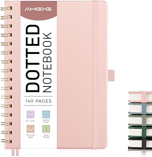 Vista 101 de AHGXG Cuaderno de espiral con puntos y viñetas, cuaderno de cuero de tapa dura de 140 páginas, cuaderno de papel de cuadrícula de puntos A5, papel