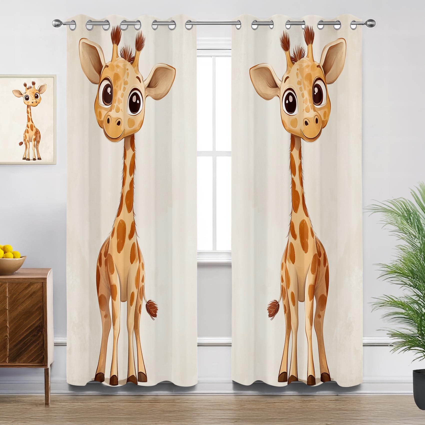 Mistela Giraffe Eyelet Curtains - Animal Kids Nursery Blackout Curtains for Living Room Bedroom, Thermal Insulated Soundproof Short Curtain, W66 X D54, 2 Panels Drapes Room Decorations