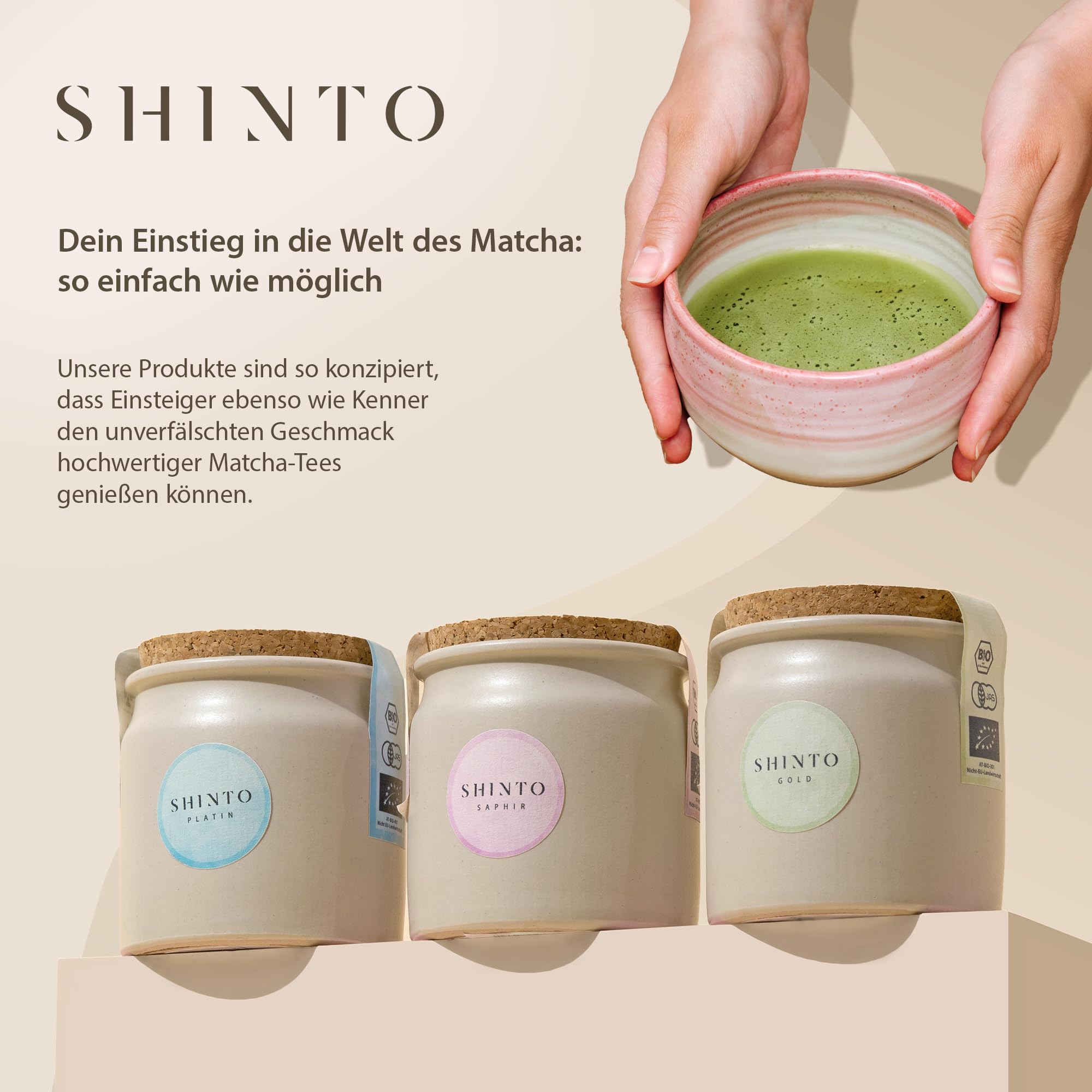 Matcha Tee Probierset von Shinto - JAS & EU BIO zertifiziert - Grün- & Schwarz-Tee Matcha Auslese - 3x30g in wiederverwendbaren Tongefäßen - Direktimport aus Uji Japan