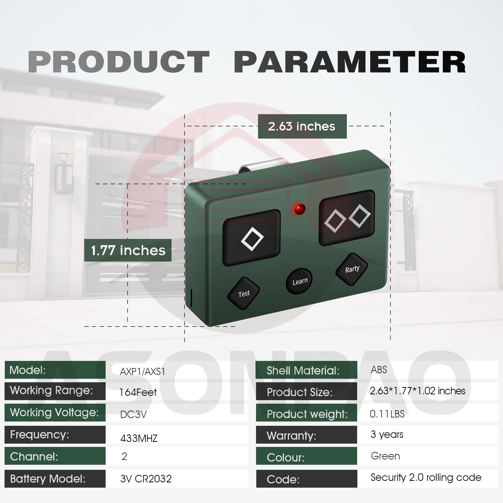 AXP1/AXS1 Lot de 2 télécommandes émetteurs 5 boutons Vert