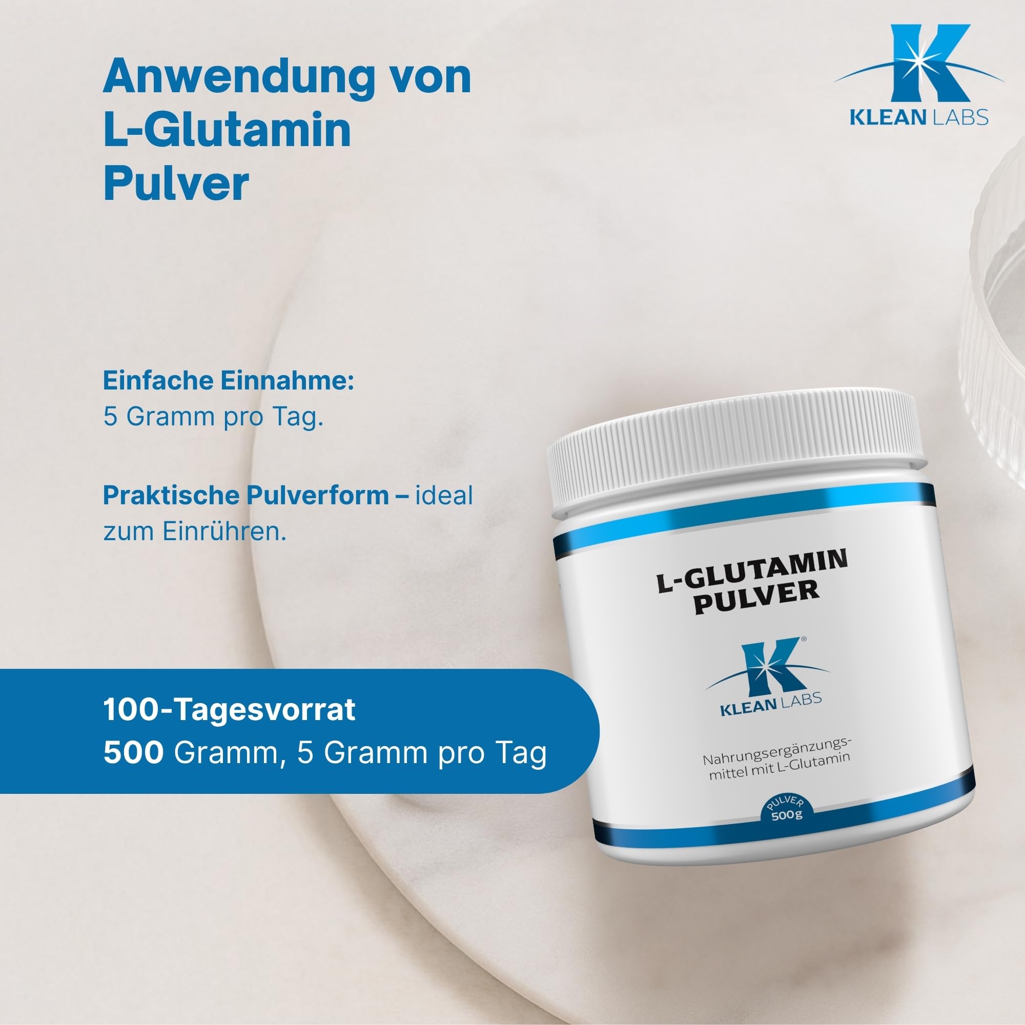 L-Glutamin Pulver - 5 g - 500 Gramm - ohne Gentechnik - unterstützt Muskeln, Darm und Immunsystem bei Belastung