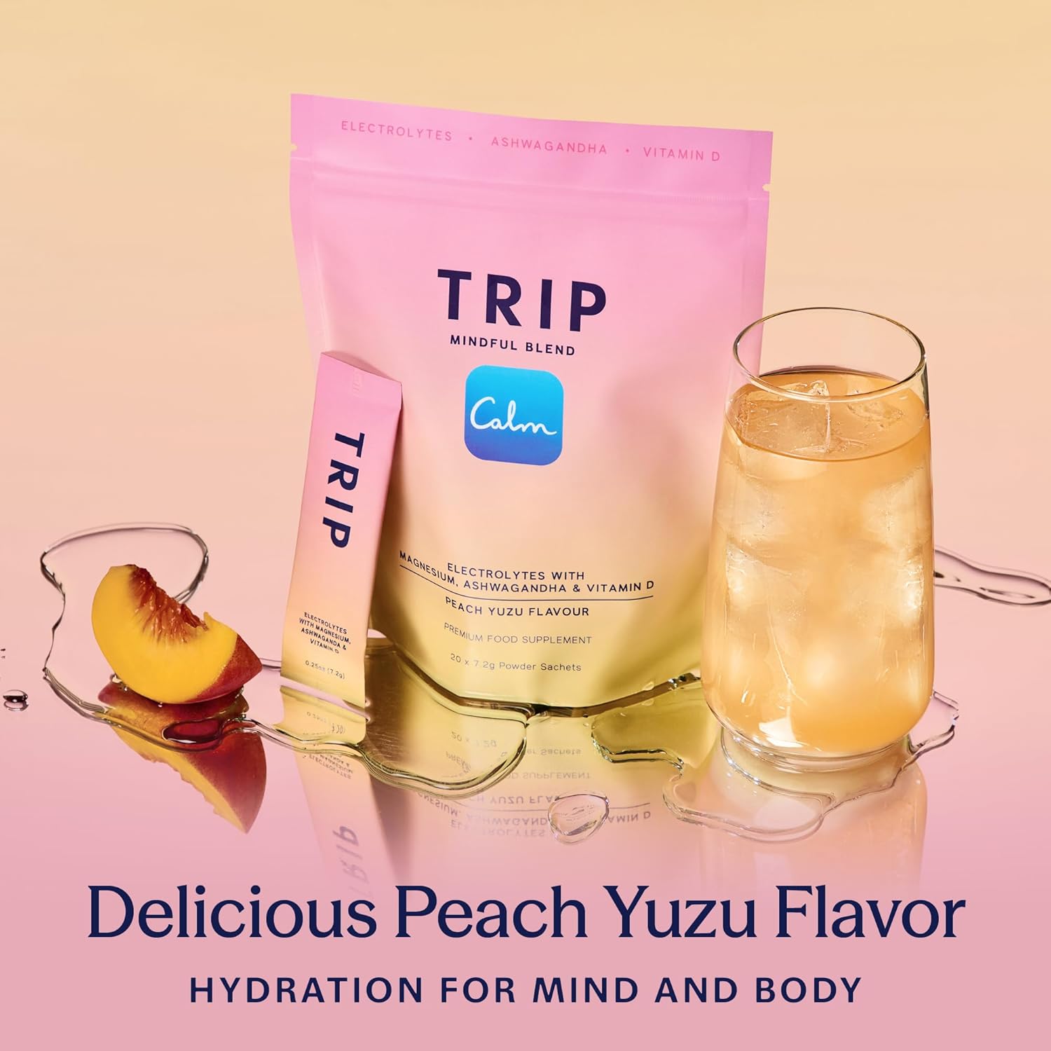 TRIP Electrolytes Powder Packets with Magnesium, Ashwagandha & Vitamin D. Peach Yuzu Daily Hydration Packets, Vegan, Electrolyte Drink Mix, Calming Hydration Powder, 20 Sachets - Image 5